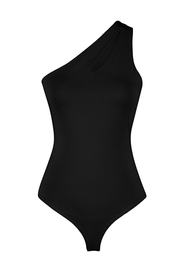 Siyah Asimetrik Asimetrik Yaka Cut Out Detaylı Alttan Çıtçılı Örme Body TWOSS23BD00014 - 12