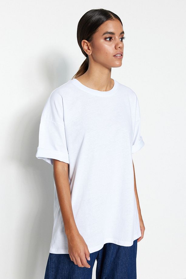 Beyaz %100 Pamuk Premium Oversize/Geniş Kalıp Bisiklet Yaka Örme T-Shirt TWOSS23TS00040 - 8