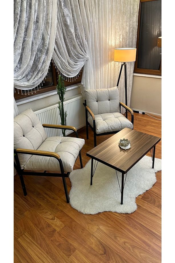 Modern Levent Balkon, Bahçe, Cafe - Metal Kanepe Koltuk Takımı – 2 Tekli + Sehpa - 1