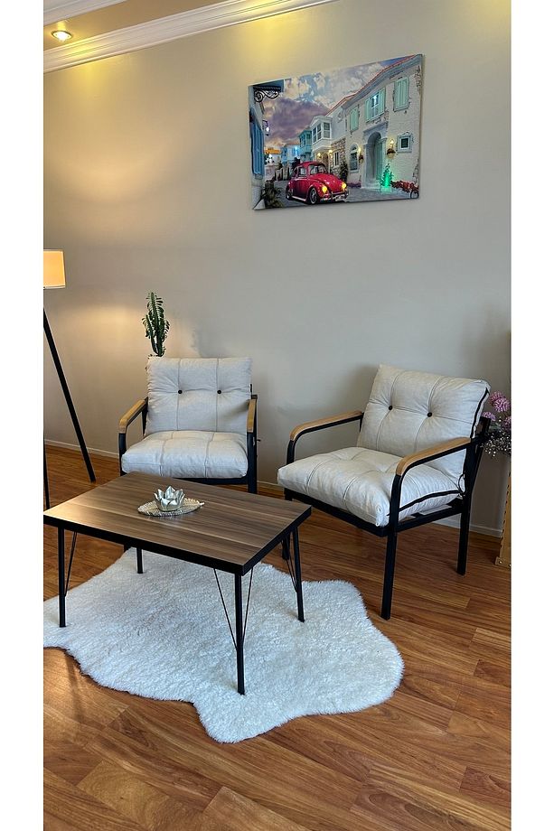 Modern Levent Balkon, Bahçe, Cafe - Metal Kanepe Koltuk Takımı – 2 Tekli + Sehpa - 3