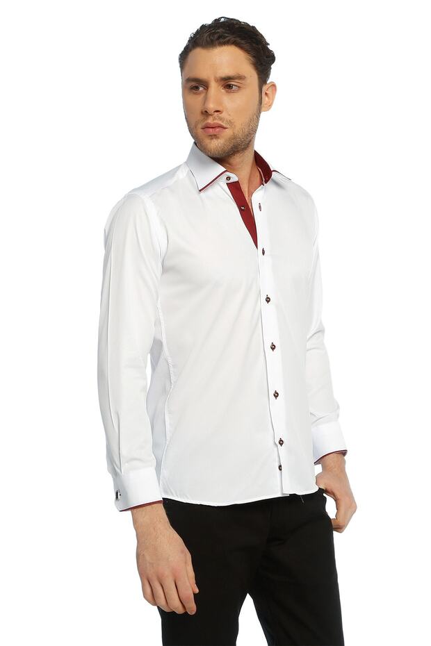 Slim Fit Men's Shirt with Claret Red and White Micro Fabric Cufflinks - 216-3 216KL