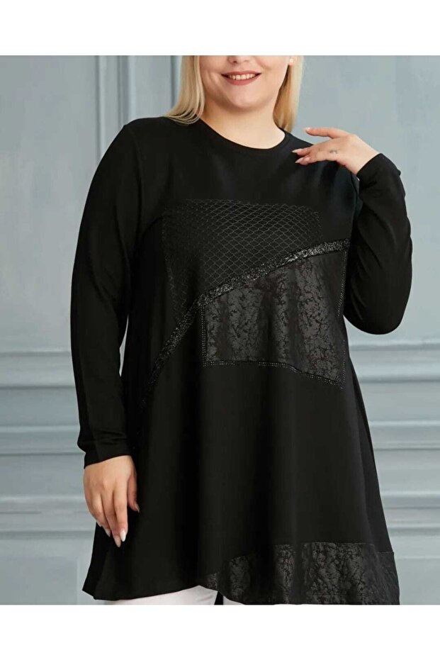 Women's Mesh Leather Detailed Black Tunic