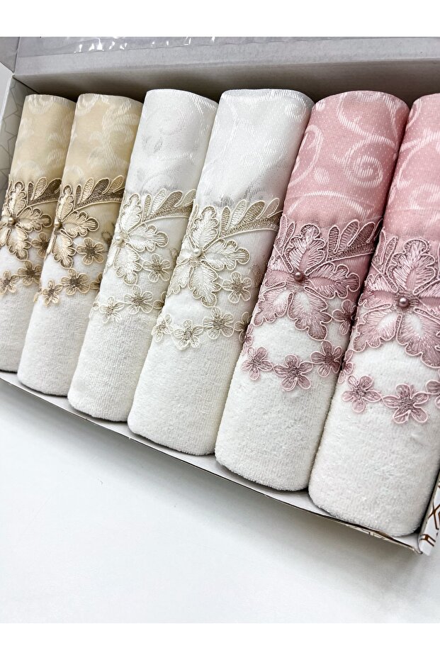 Laced Satin Embroidered Patterned Boxed Luxury Dowry Set 50x90 Set of 6 Hand and Face Towels