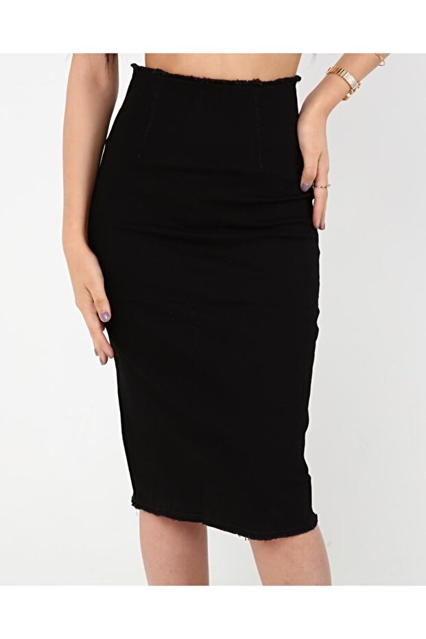 Black Denim Skirt with Tassels