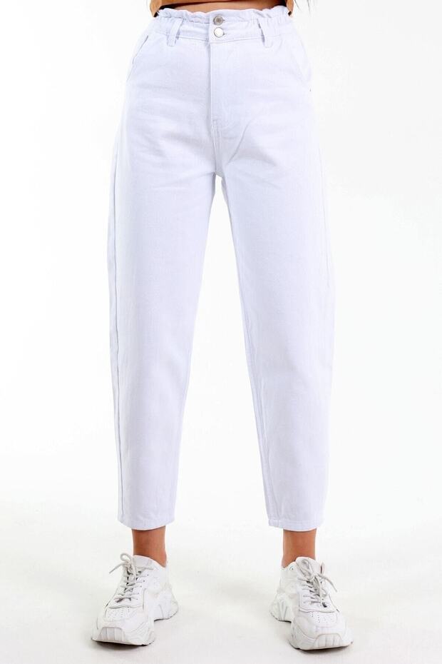 Women's Snow White Elastic Waist Boyfriend Jeans Pants with Drawstring Waist Mom Jean