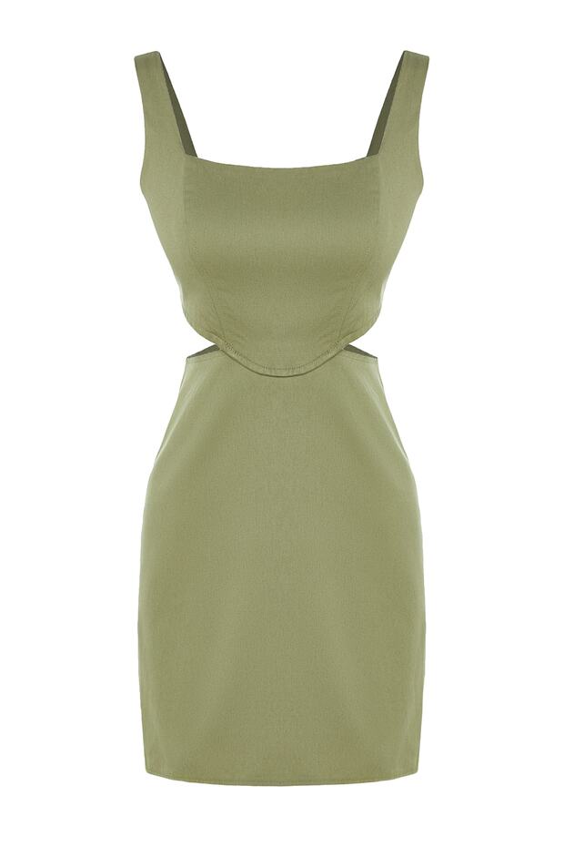Khaki A-Line Mini Bawełniana Sukienka z Niskim Dekoltem Kwadratowym, Podszewką Tkaninową TWOSS23EL00596 - 7