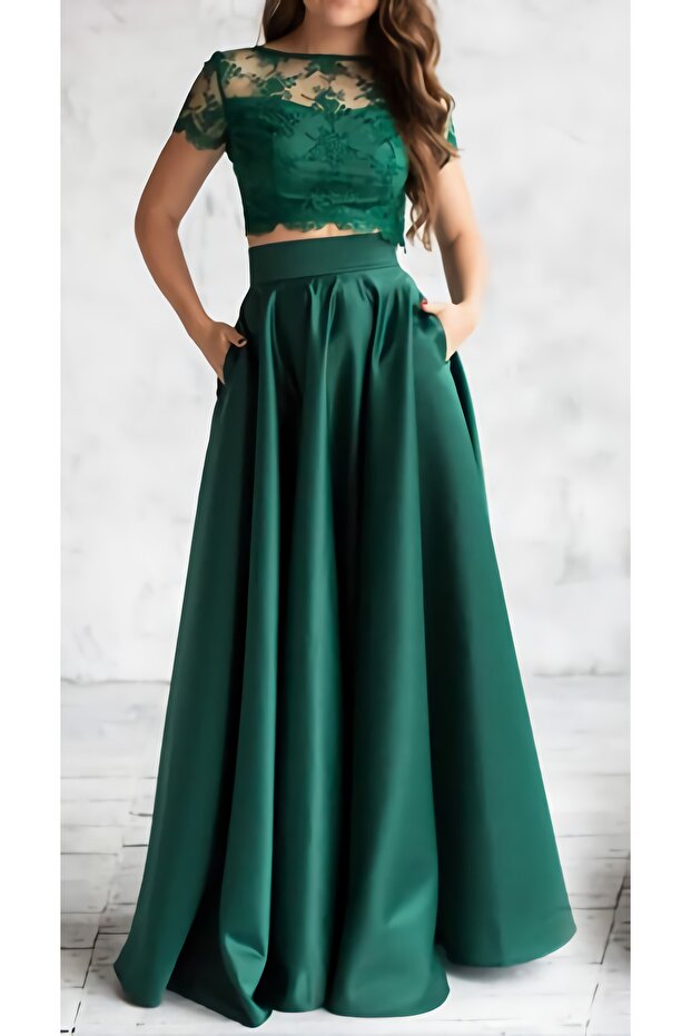 Emerald Green High Waist Pleated Satin Skirt with Pockets