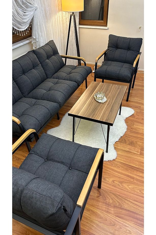 Modern Sarıyer Balkon, Bahçe, Cafe - Metal Kanepe Koltuk Takımı - 3 1 1 Sehpa - 1