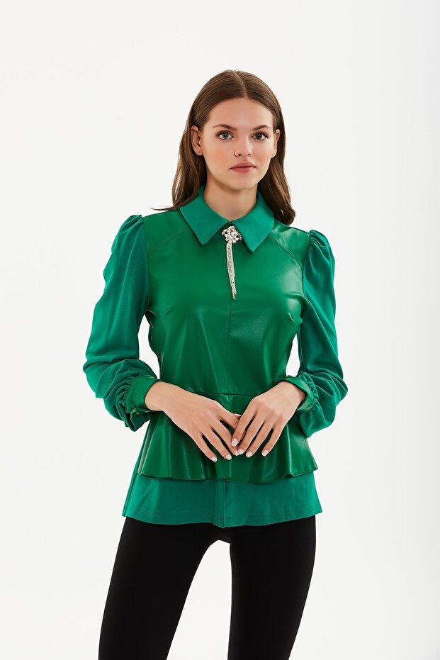 Taşlı Broşlu Deri Bluz - 1