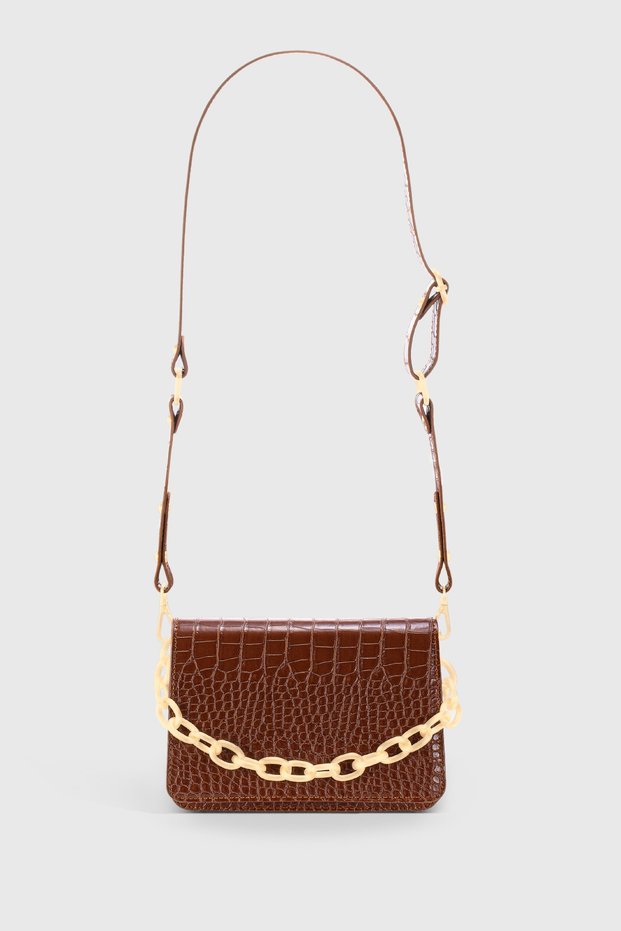 Women's Brown Chain Buckle Crocodile Skin Look Crossbody Bag 221