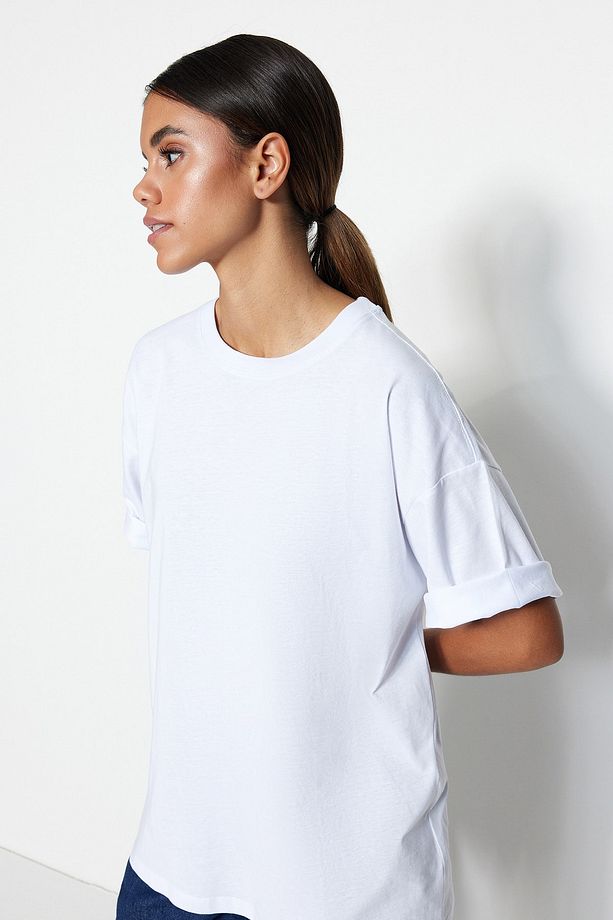 Beyaz %100 Pamuk Premium Oversize/Geniş Kalıp Bisiklet Yaka Örme T-Shirt TWOSS23TS00040 - 7