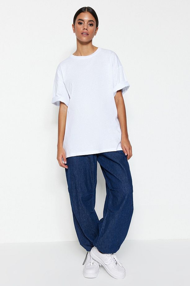 Beyaz %100 Pamuk Premium Oversize/Geniş Kalıp Bisiklet Yaka Örme T-Shirt TWOSS23TS00040 - 6