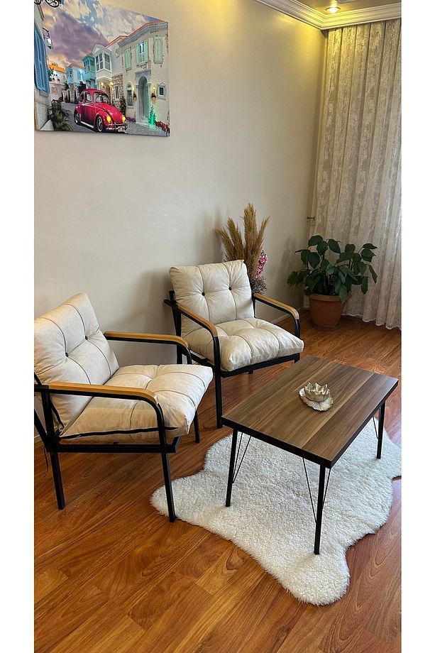 Modern Levent Balkon, Bahçe, Cafe - Metal Kanepe Koltuk Takımı – 2 Tekli + Sehpa - 4