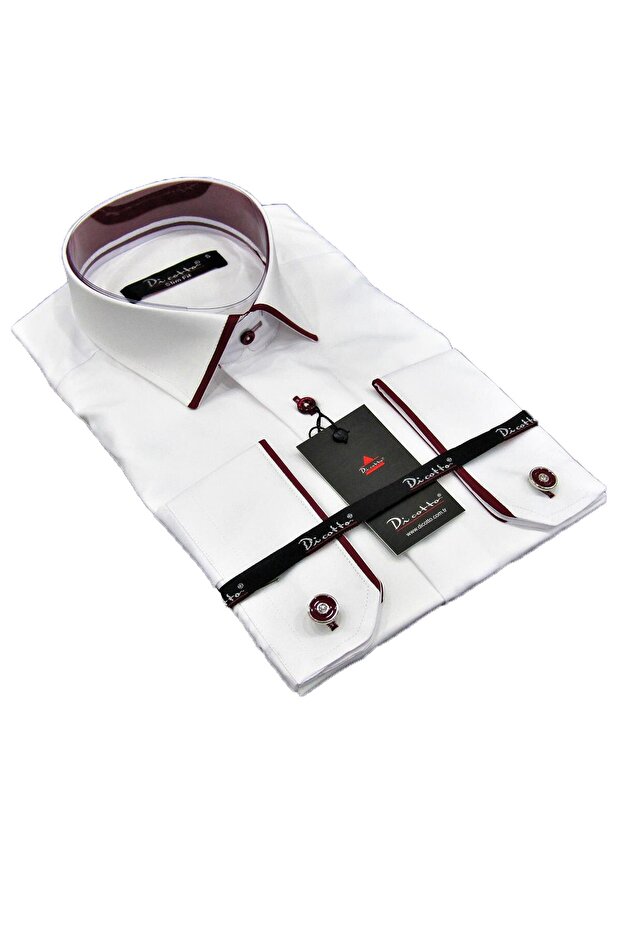 Slim Fit Men's Shirt with Claret Red and White Micro Fabric Cufflinks - 216-3 216DC