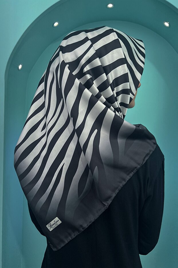 Mother Zebra Patterned Silk Look Stitched Black-white Stylish Writing-mother Scarf Scarf