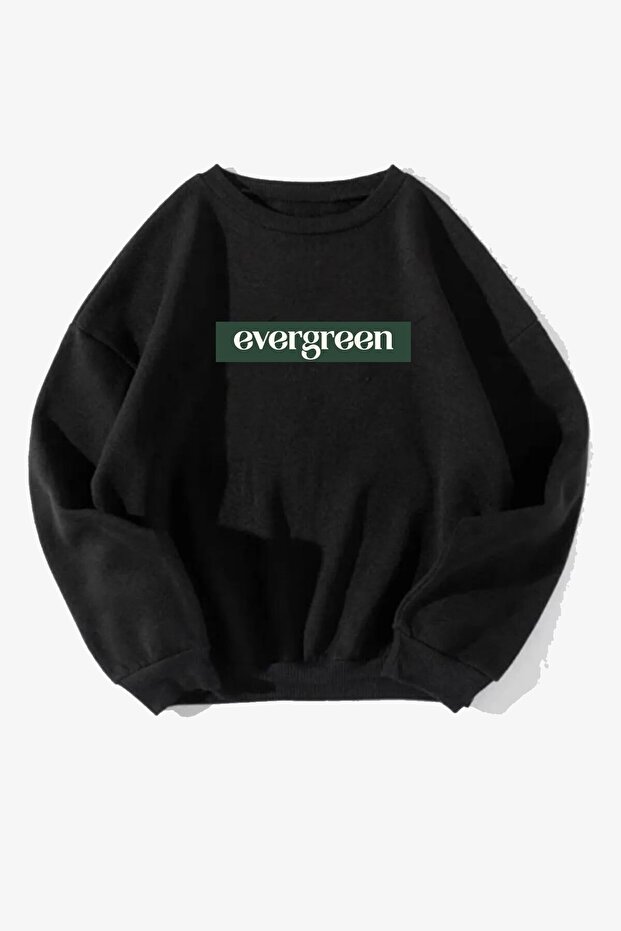 Unisex Cotton Oversize Evergreen Printed Black Sweatshirt