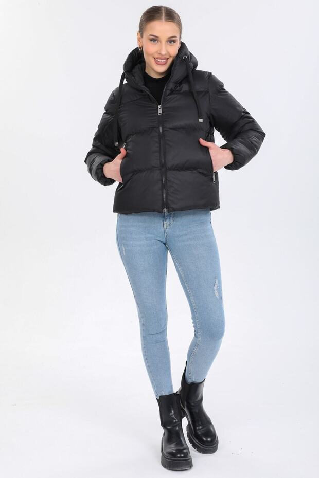 Kadın Siyah Kapüşonlu Şişme Mont - 1