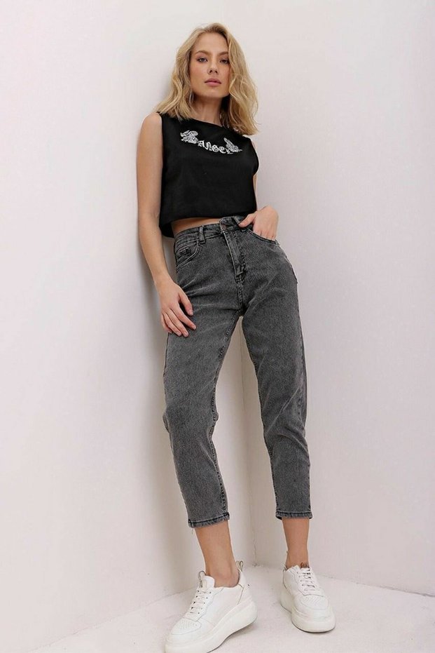 Maria High Waist Smoked Snow Mom Jeans Lycra Colorfast Smoked Extra Comfortable Mom Jeans