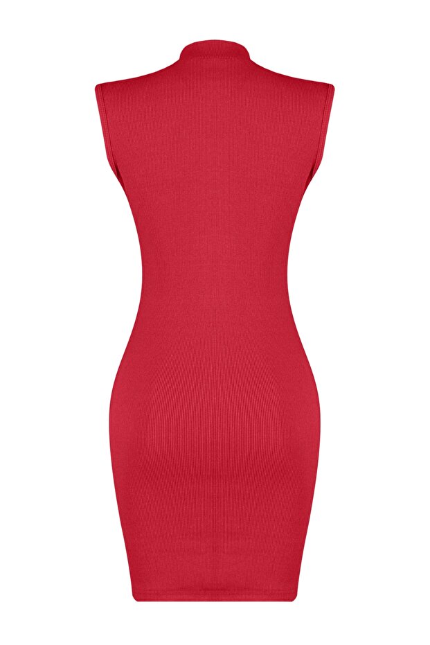 Kırmızı Vücuda Oturan Bisiklet Yaka Mini Fitilli Esnek Örme Kalem Elbise TWOSS22EL2819 - 8