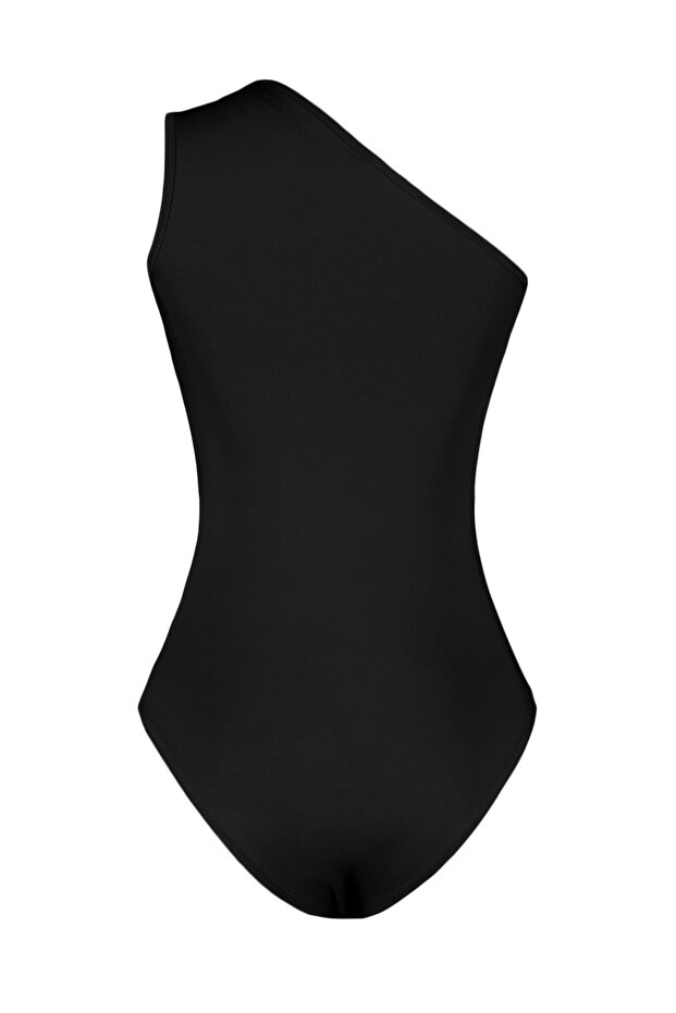 Siyah Asimetrik Asimetrik Yaka Cut Out Detaylı Alttan Çıtçılı Örme Body TWOSS23BD00014 - 13