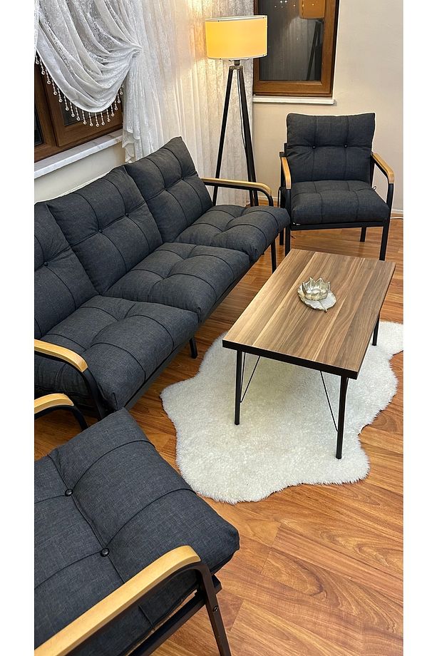 Modern Sarıyer Balkon, Bahçe, Cafe - Metal Kanepe Koltuk Takımı - 3 1 1 Sehpa - 5