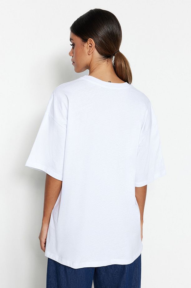 Beyaz %100 Pamuk Premium Oversize/Geniş Kalıp Bisiklet Yaka Örme T-Shirt TWOSS23TS00040 - 11