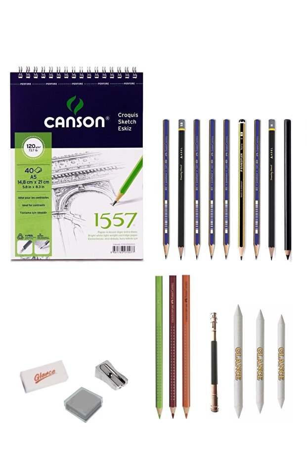 Canson 1557 Sketchbook with 8 Charcoal Pencils and Drawing Sketch Set Charcoal Pencil Extension