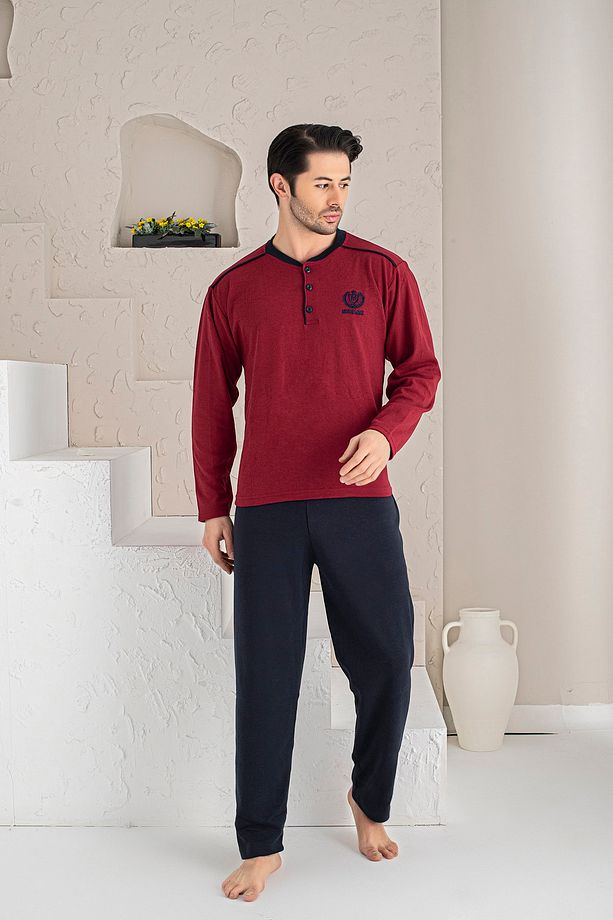 Erkek Bordo M Armalı Uzun Kollu Süprem Kumaş Örme Pijama Takımı - 1