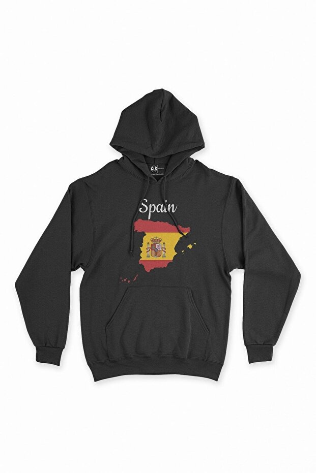 Oversize Black Hooded Sweatshirt Hoodie with Spain Map and Flag