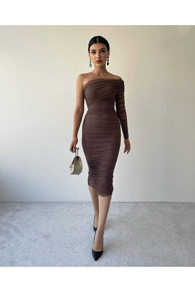 One Sleeve Half Off Shoulder Tulle Dress