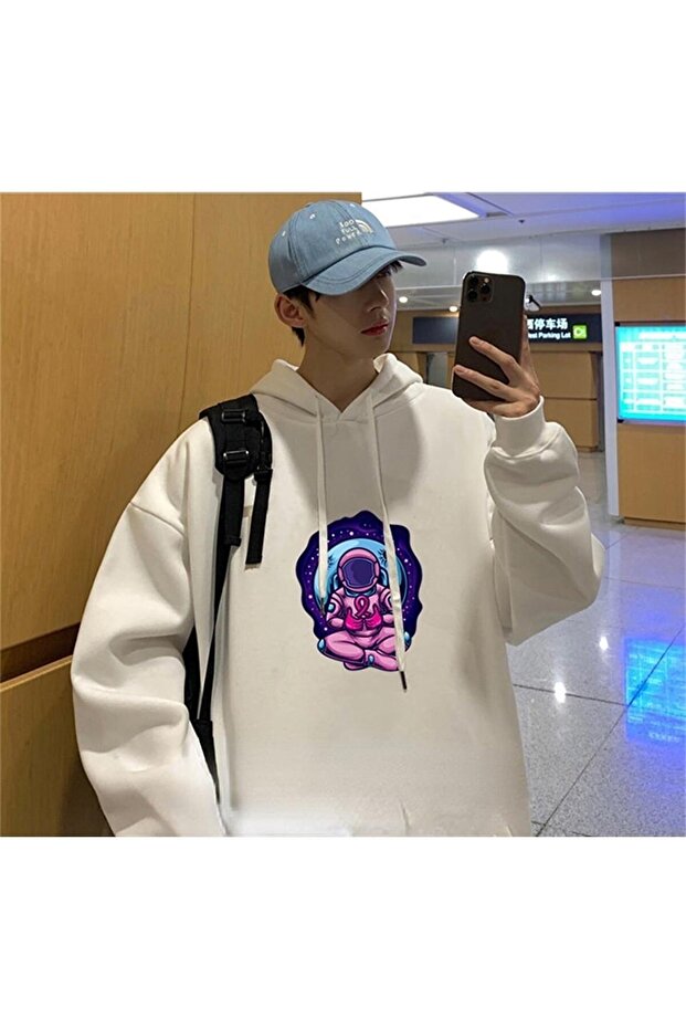 Sitting Astronaut White Hooded Oversize Printed Unisex Sweatshirt