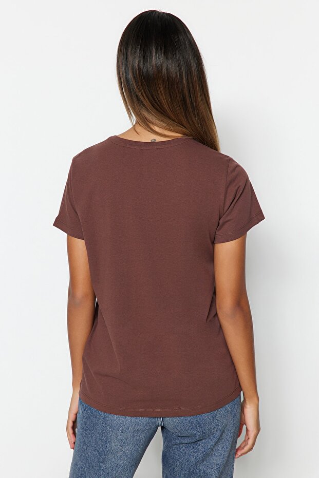 Kahverengi-Bej-Haki Çizgili 3'lü Paket Basic Bisiklet Yaka Örme T-Shirt TWOSS20TS0146 - 7