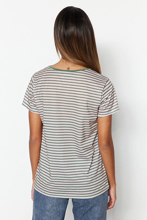 Kahverengi-Bej-Haki Çizgili 3'lü Paket Basic Bisiklet Yaka Örme T-Shirt TWOSS20TS0146 - 6