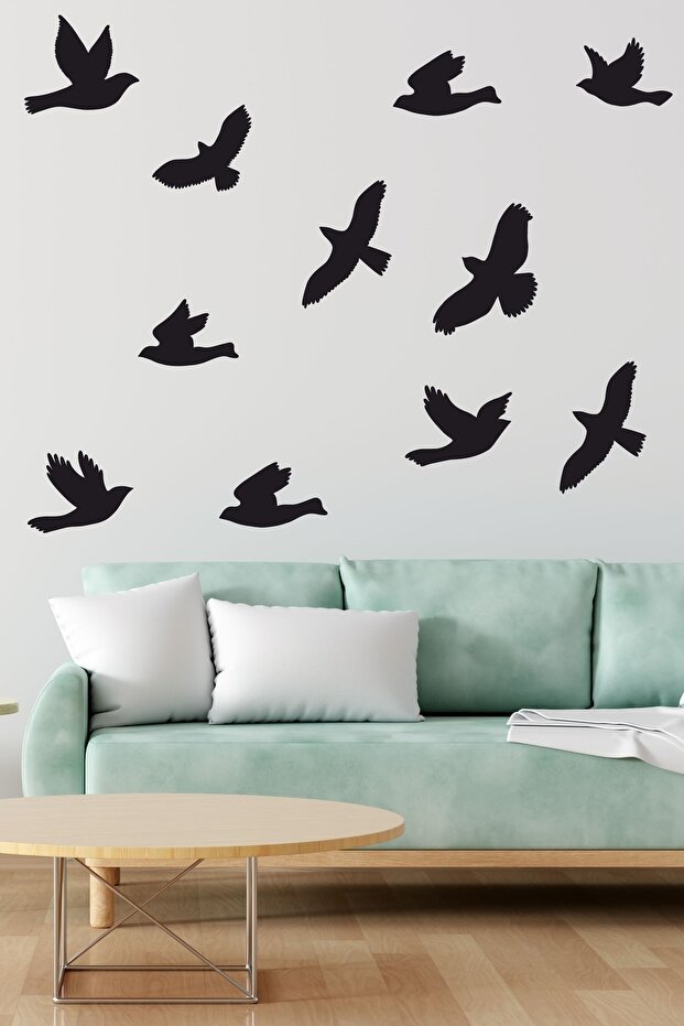 Large Flock of Birds Decorative Wall Sticker (11 Bird Figures) Black