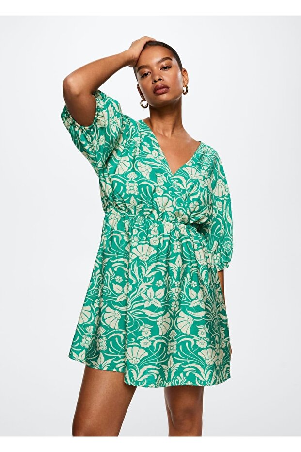 Desenli Dökümlü Elbise - 7