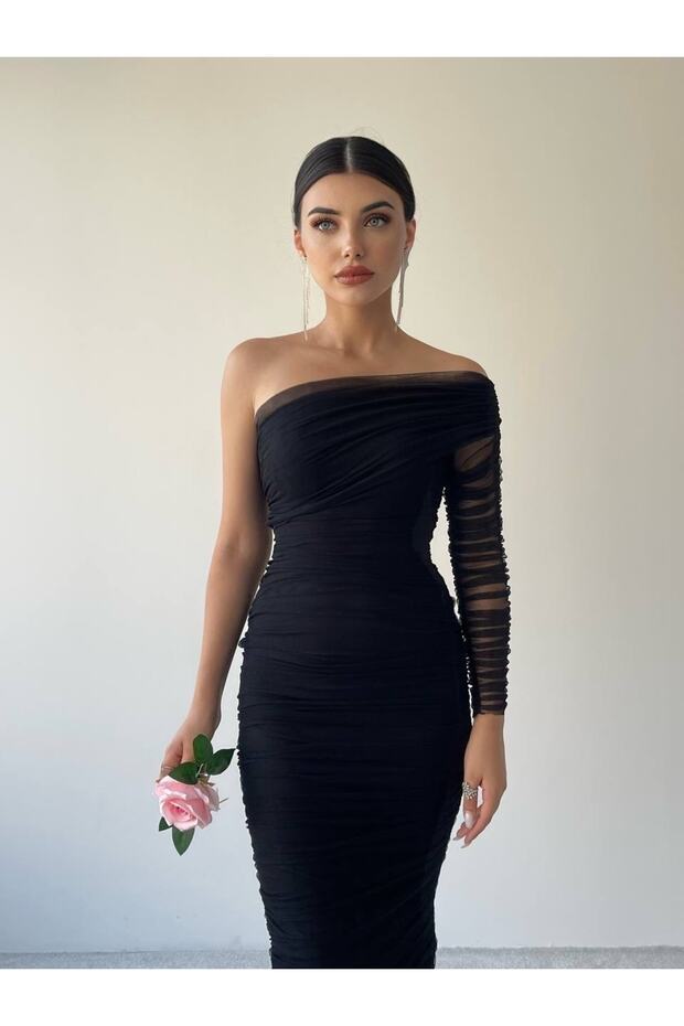 Tek Kollu Tül Elbise - 6