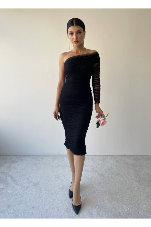 Tek Kollu Tül Elbise - 8