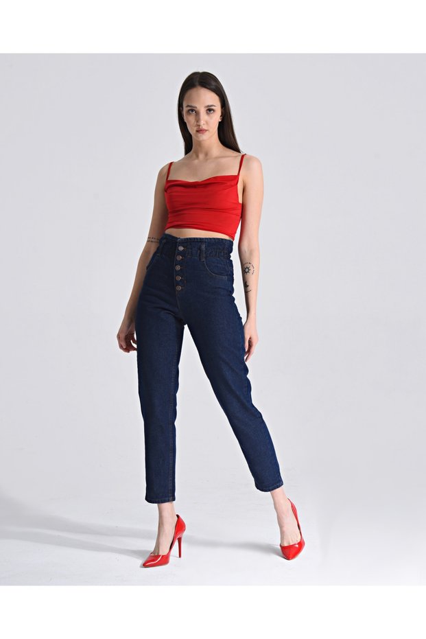 Navy Blue Lycra High Waist Women's Elastic Waist Button Detailed Fit Mom Jean Jeans