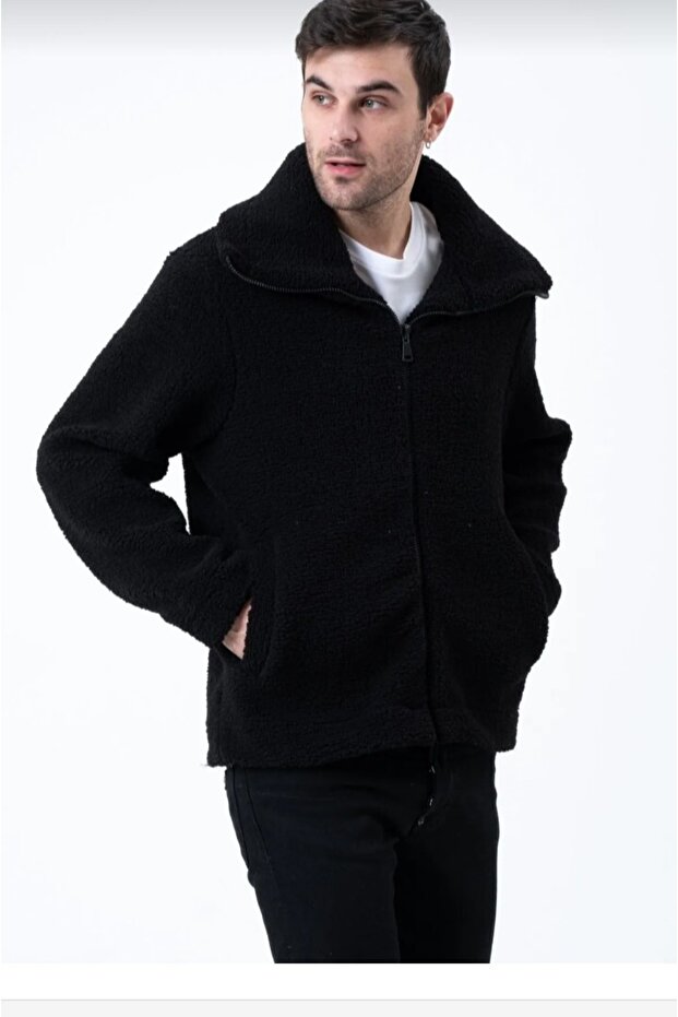 Oversize Collared Zippered Men's Plush Jacket - 1