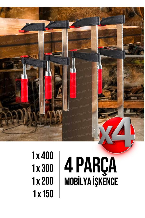 Premium Kalite 400,300,200,150mm F Tipi Ahşap Çelik Mobilyacı Mengene Kıskaç Işkence 4 Set - 5