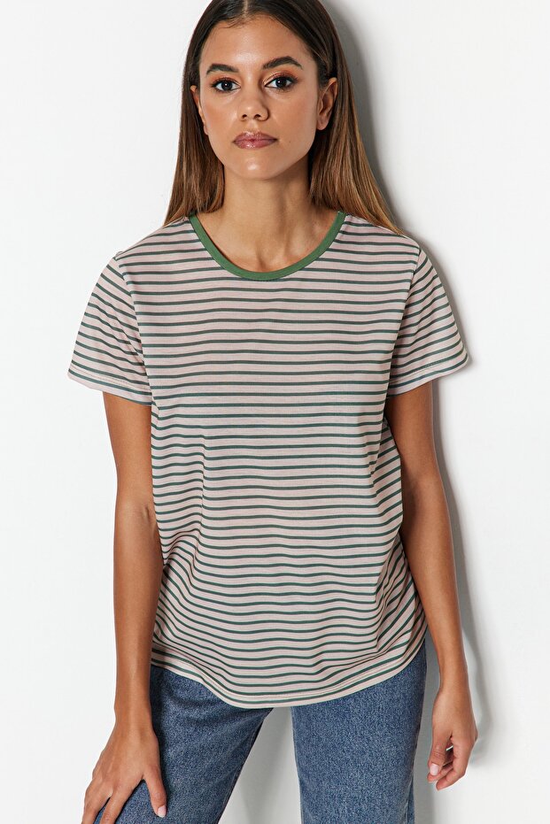 Kahverengi-Bej-Haki Çizgili 3'lü Paket Basic Bisiklet Yaka Örme T-Shirt TWOSS20TS0146 - 4