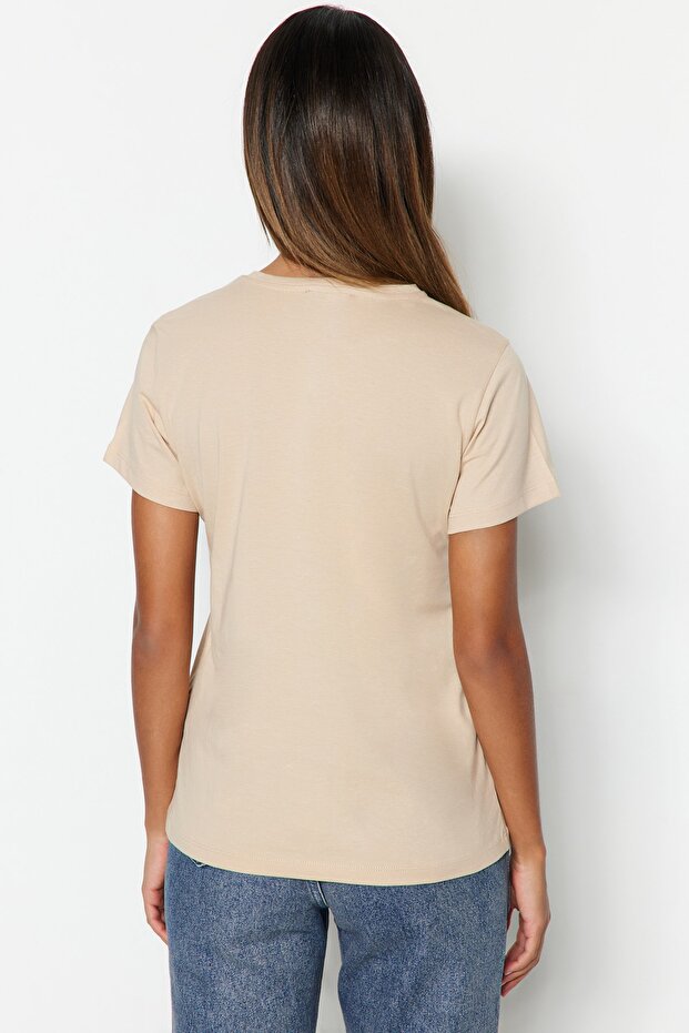 Kahverengi-Bej-Haki Çizgili 3'lü Paket Basic Bisiklet Yaka Örme T-Shirt TWOSS20TS0146 - 8