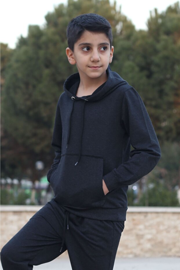 الصلبة اللون الكنغر جيب مقنعين البلوز الصبي