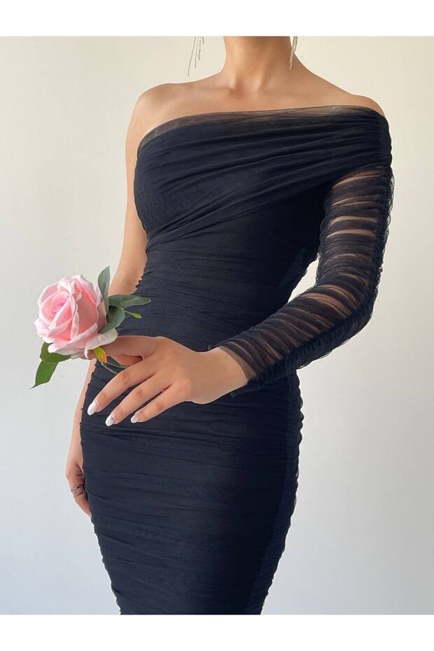 Tek Kollu Tül Elbise - 1