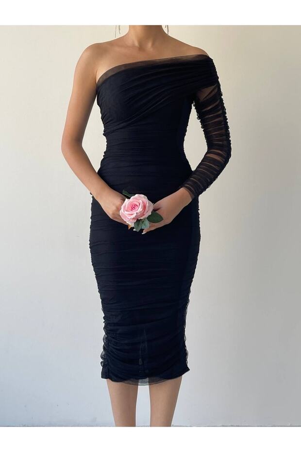 Tek Kollu Tül Elbise - 2