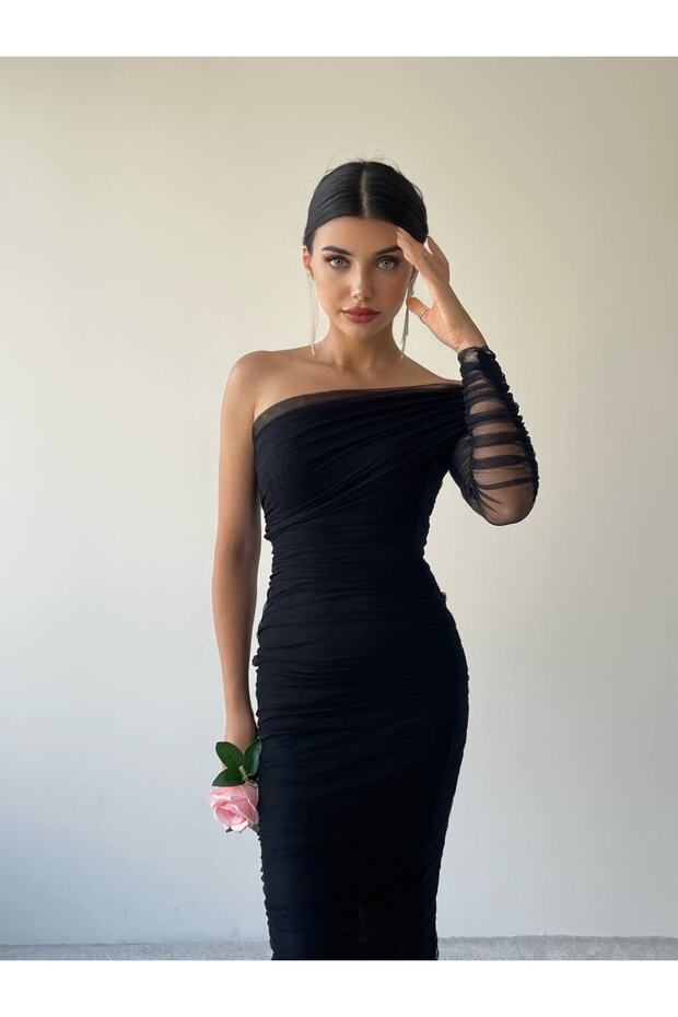 Tek Kollu Tül Elbise - 4