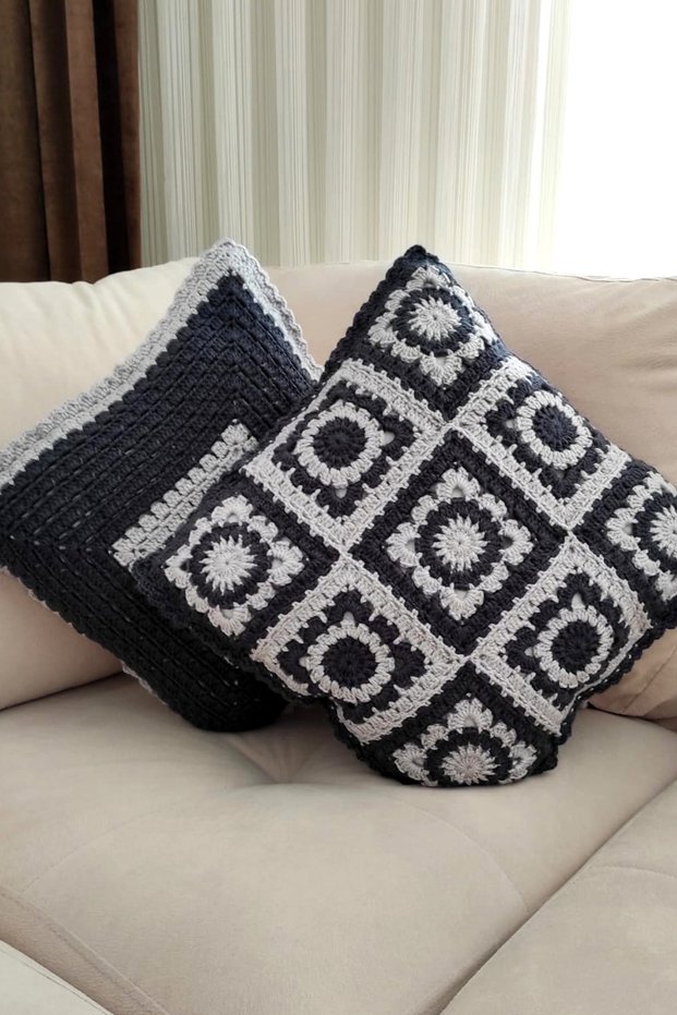 Denim Blue & Gray - Motif Hand Knitted 2-Piece Throw Pillow Cover - Without Inner Pillow