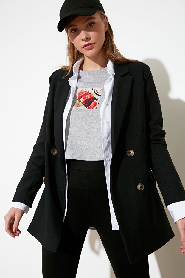 Siyah Oversize Astarlı Kruvaze Kapama Dokuma Blazer Ceket TWOAW21CE0145 - 2
