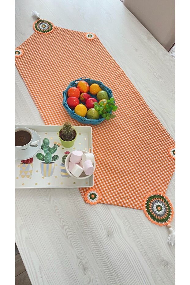 Orange and White Square Pattern - Motif and Tassel Runner