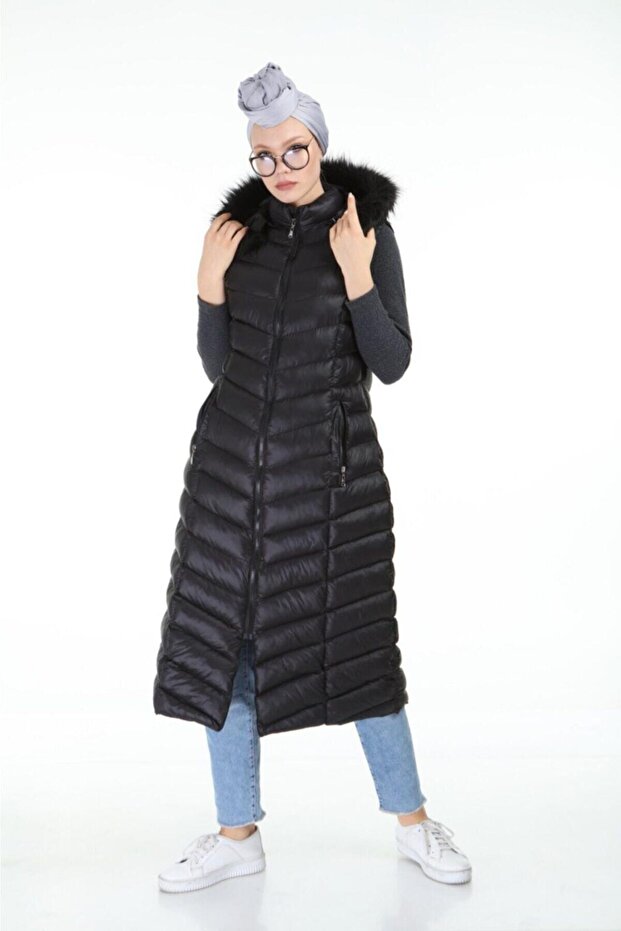 Kadın Uzun Kapuşonlu Basıc Şişme Yelek - 2